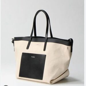YAHKI Canvas Tote Bag In Ivory With Black Leather Trim